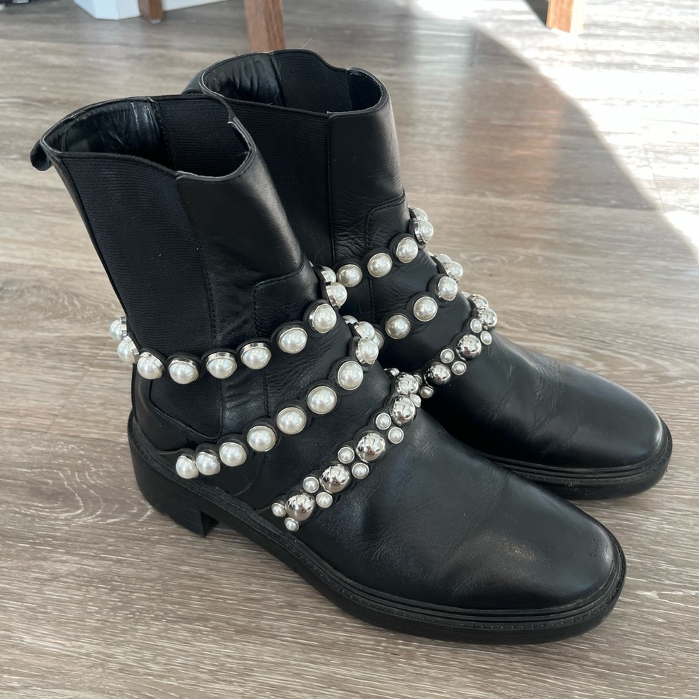 Zara Black Pearl-Studded Combat Boots - Picture 2 of 6